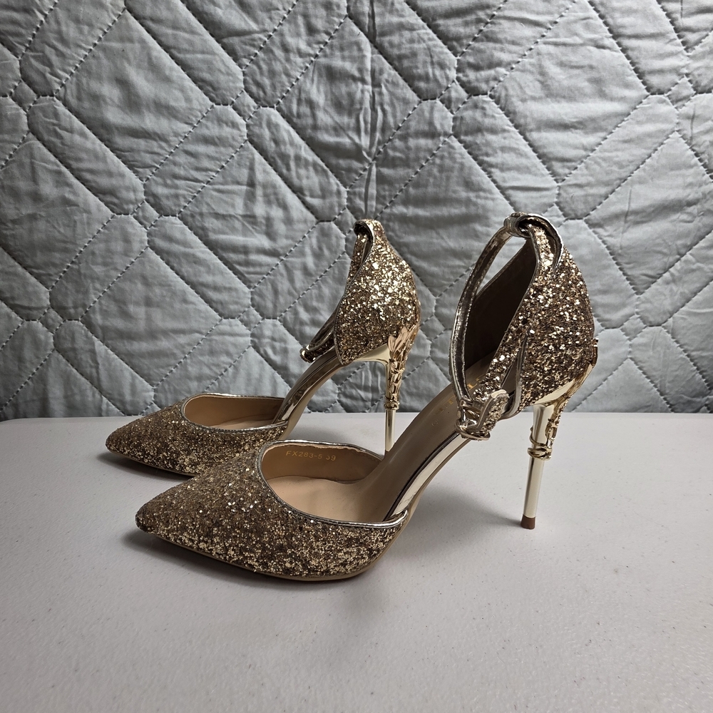 Bigtree Metallic Gold Glitter Pointed Toe Ankle Strap Stiletto Heel Pumps 
Sz 39